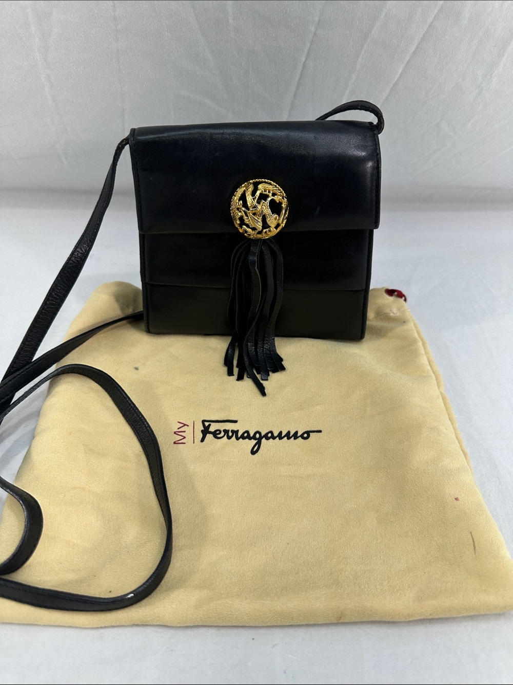 Salvatore Ferragamo Italy Tassel Mini Soft leather Blk/Gd Crossbody Shoulder Bag